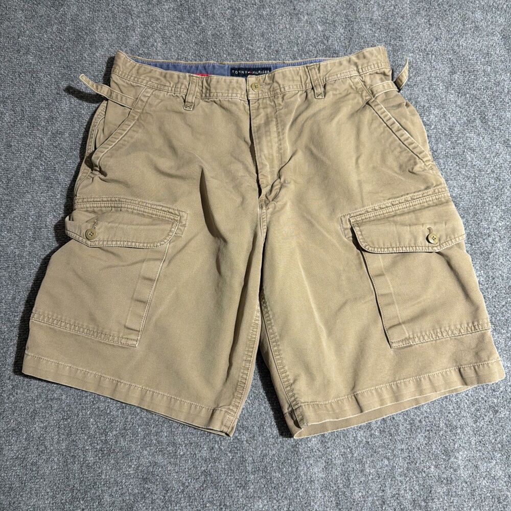 Tommy Hilfiger Cargo Shorts Mens 34 Brown 100% Cotton Heavyweight Pockets Casual